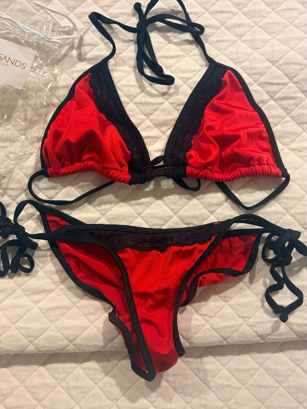 Women’s Red & Black Lace-Trim Triangle Bikini Set
